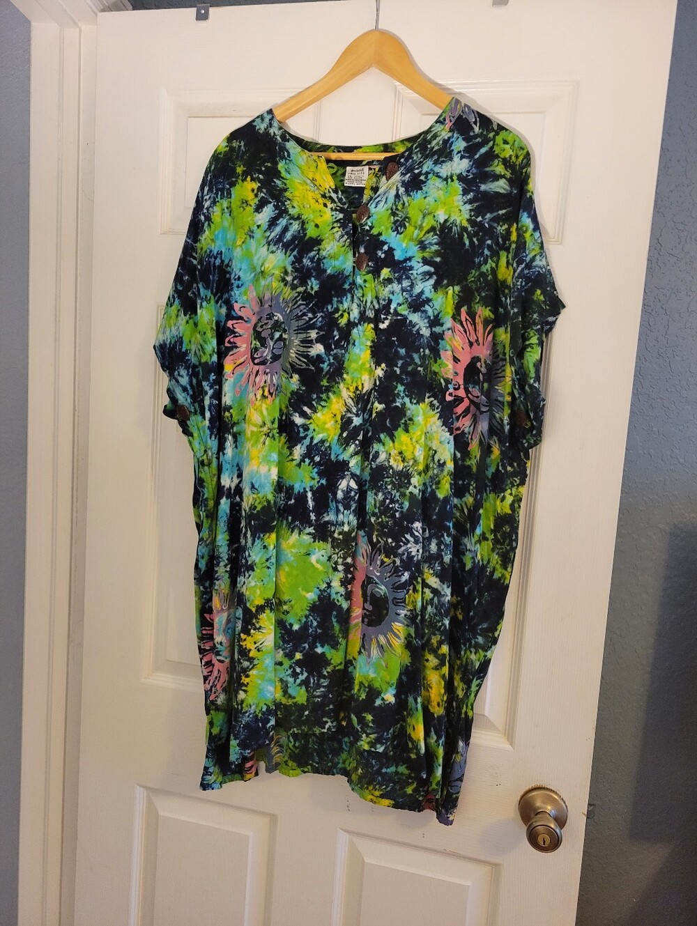 Saibaba Blue & Green Tie Dye Caftan Free Size Beach Coverup Mumu House Coat